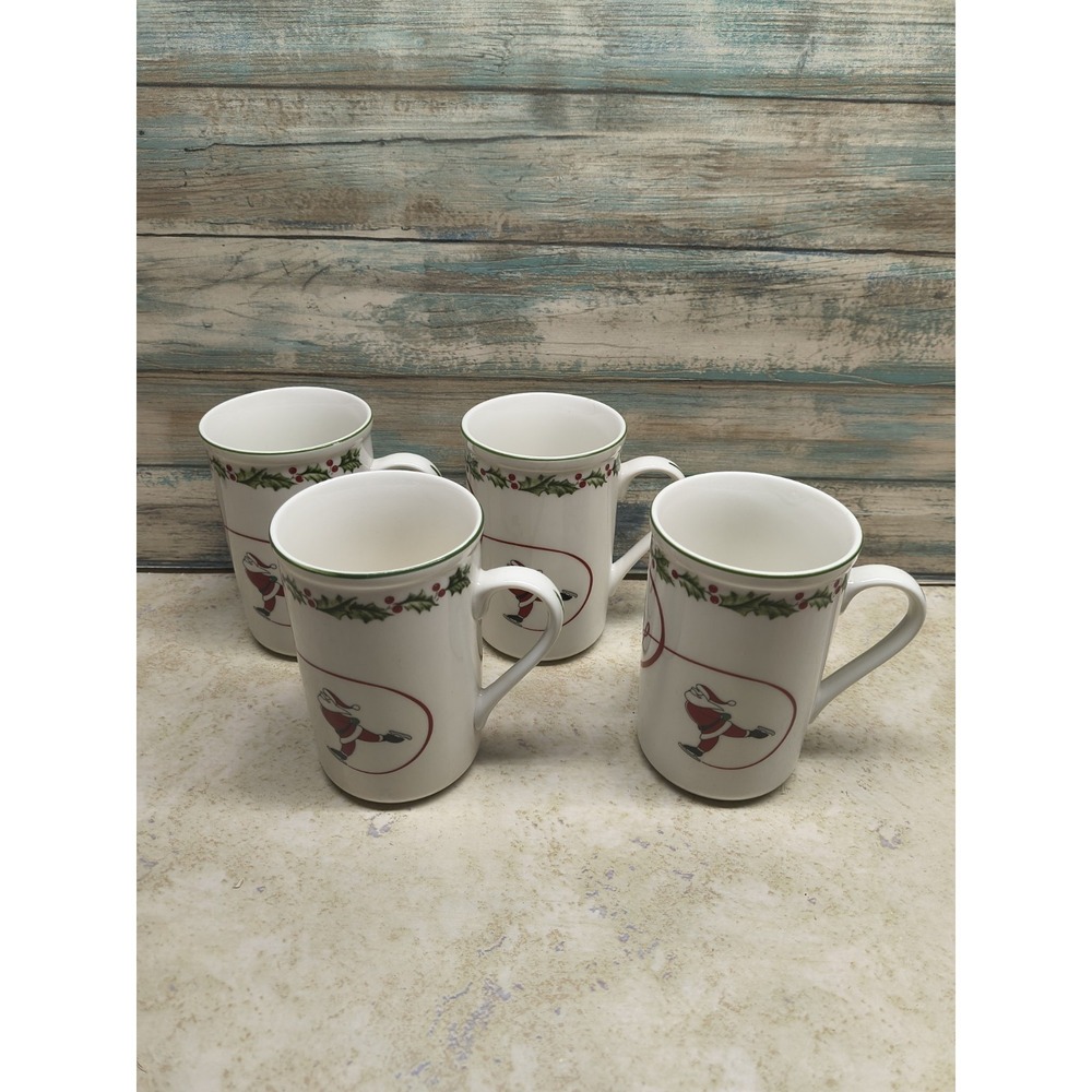 4 International Silver Co. Tall Coffee/Tea Cup "Joy" Skating Santa & Snowman